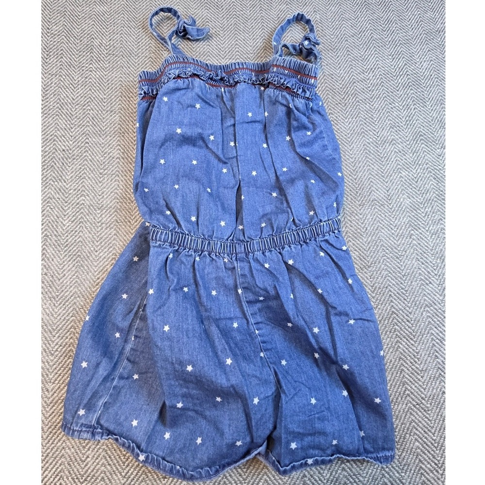 Cat & Jack Girls Blue Denim Star Print Romper S 6 6X Sleeveless Tie Strap